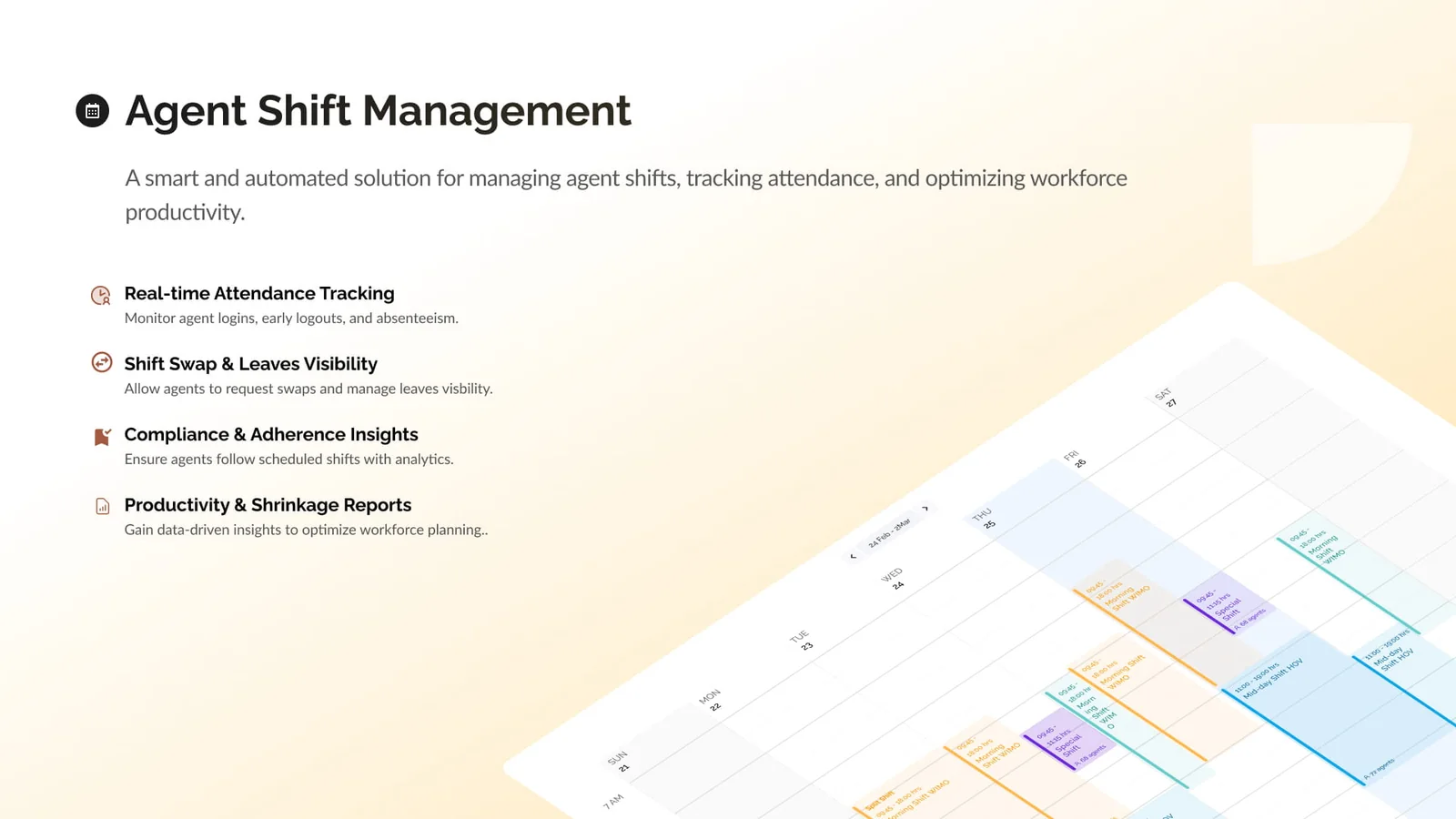 The Agent Shift Management title slide: real-time attendance tracking, shift swap and leave visibility, compliance and adherence insights, and productivity and shrinkage reports, beside a week of scheduled shifts.